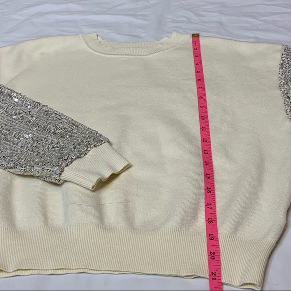 LUSH Sequin Sleeve Sweater Silver Cream Coquette Comfy Cozy Winter Sparkly Small - Picture 13 of 15